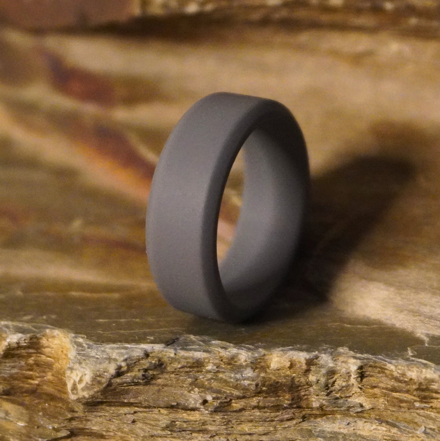Forge and Lumber dark grey beveled silicone wedding band, 8mm width, suitable for active lifestyles.