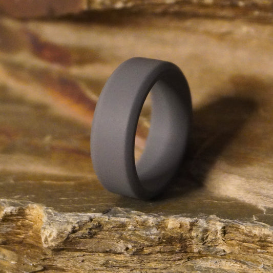Forge and Lumber dark grey beveled silicone wedding band, 8mm width, suitable for active lifestyles.