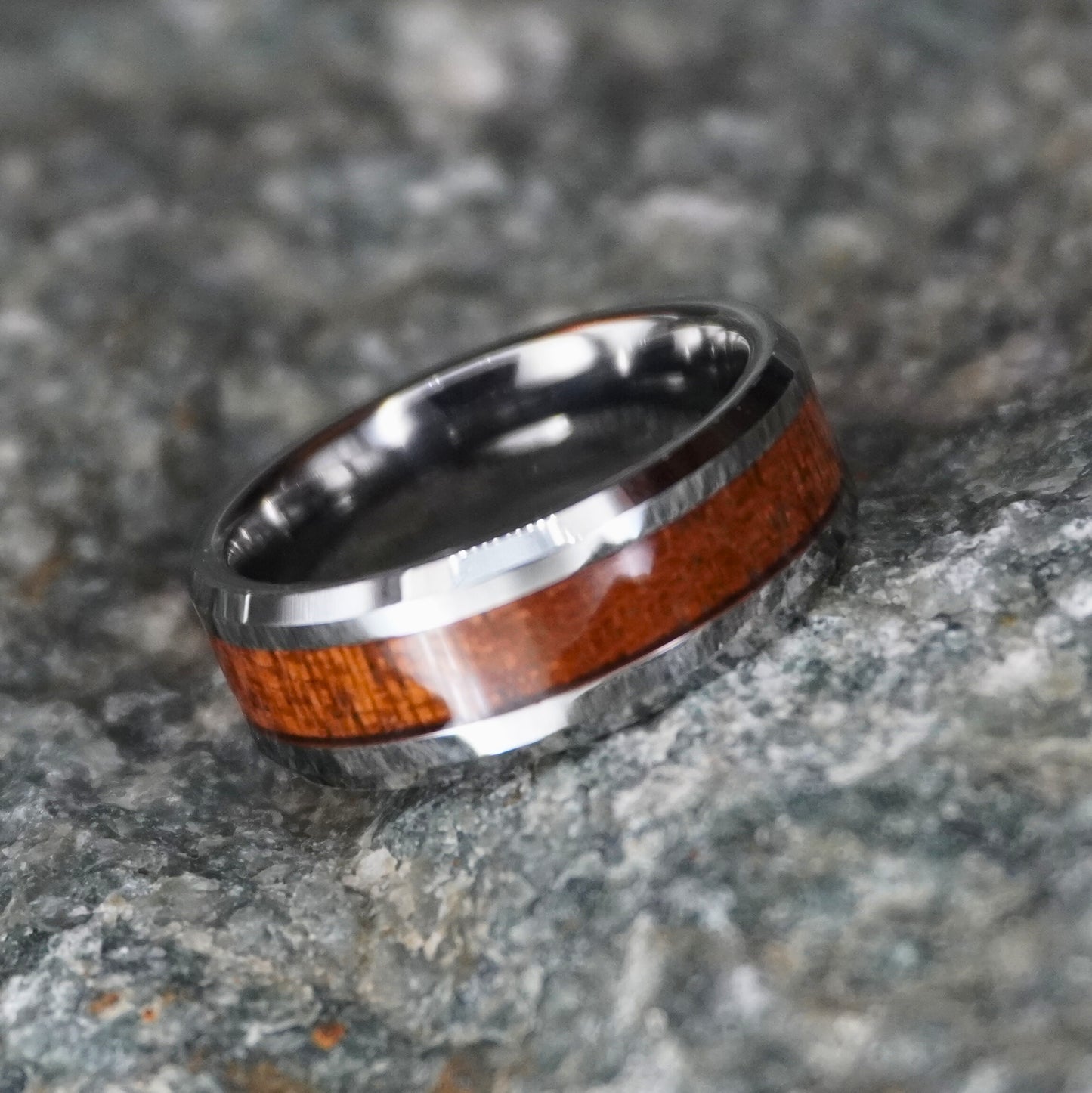 Silver tungsten ring with beveled edges and Koa wood inlay by Forge and Lumber, 8mm width.