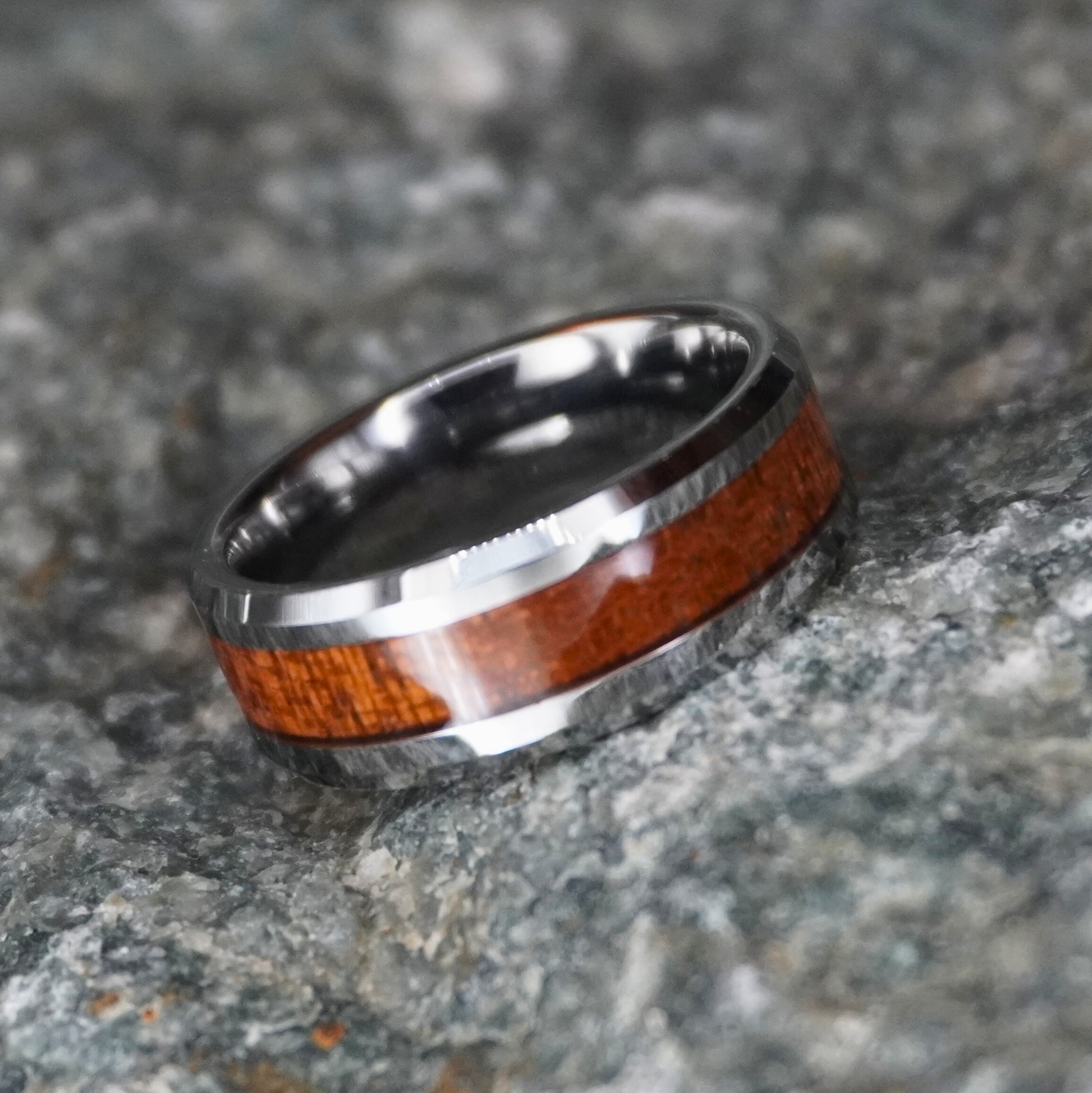 Silver tungsten ring with beveled edges and Koa wood inlay by Forge and Lumber, 8mm width.