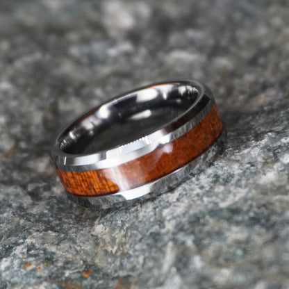 Silver tungsten ring with beveled edges and Koa wood inlay by Forge and Lumber, 8mm width.