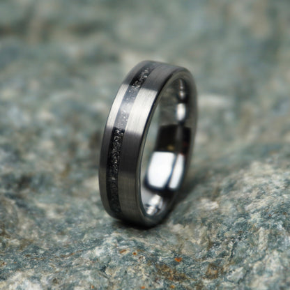 Flat gold ring with cosmic design, 6mm width, by Forge and Lumber, available in sizes UK K to M.