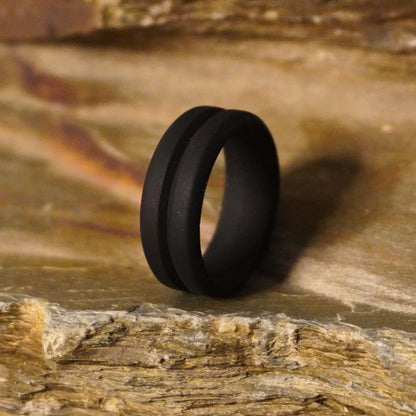 Forge and Lumber black silicone wedding band with 8mm groove, suitable for active lifestyles
