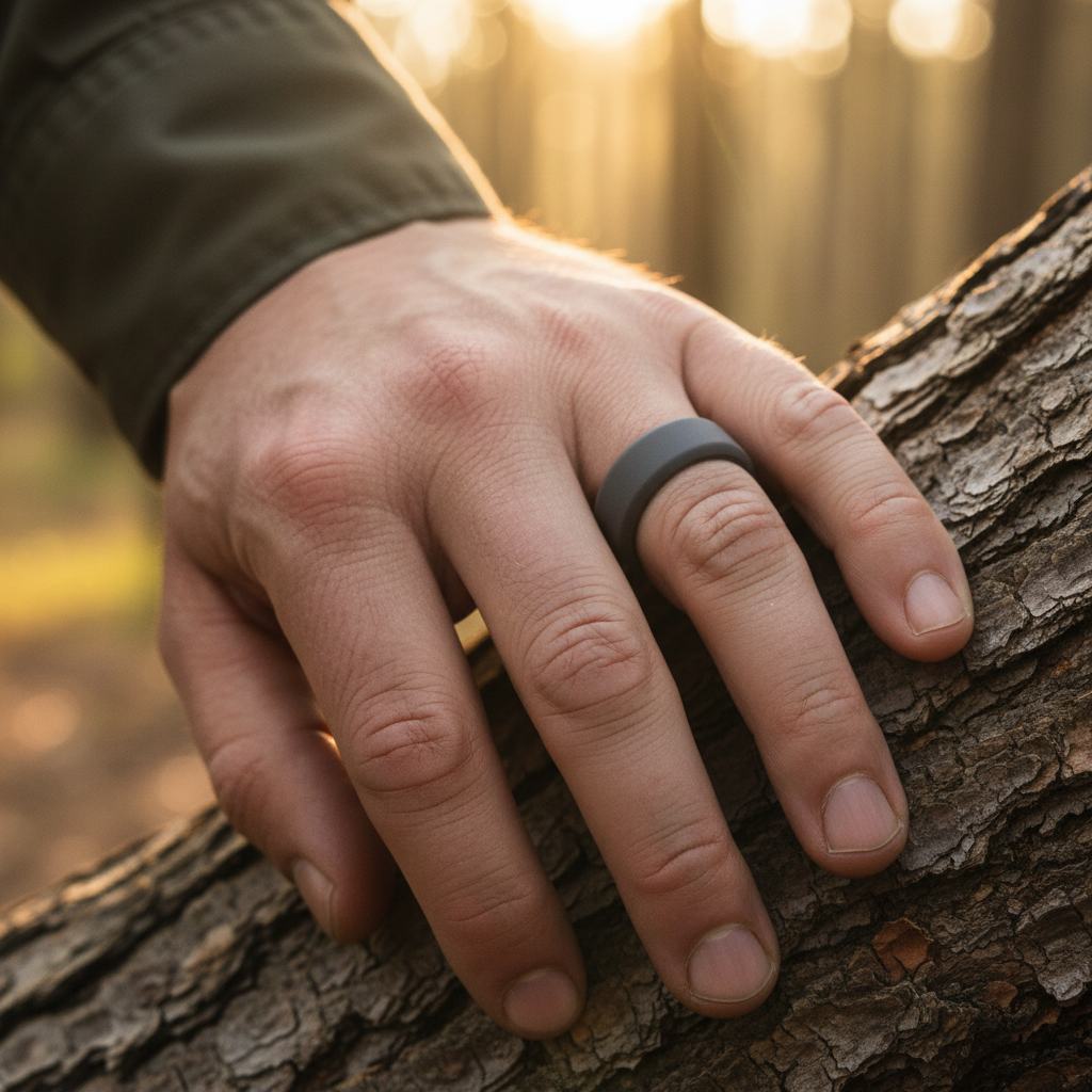 Forge and Lumber 8mm dark grey bevelled silicone wedding band in size UK O-P, perfect for active lifestyles.