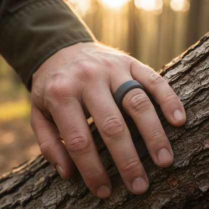 Forge and Lumber 8mm dark grey bevelled silicone wedding band in size UK O-P, perfect for active lifestyles.
