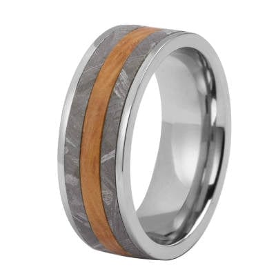 Artisan 8mm ring featuring barrel wood and stainless steel by Forge and Lumber. Available in sizes UK N to P.