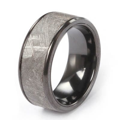 Black Zirconium ring with 8mm width and textured finish by Forge and Lumber. Durable and stylish for astronomy enthusiasts.