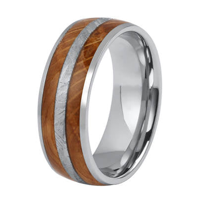 Artisan-crafted wedding band featuring a wooden double-inlay and silver accents by Forge and Lumber.