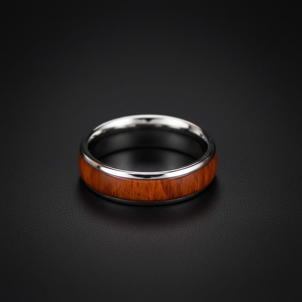 The Acacia ring by Forge & Lumber. 6mm acacia wood comfort band.