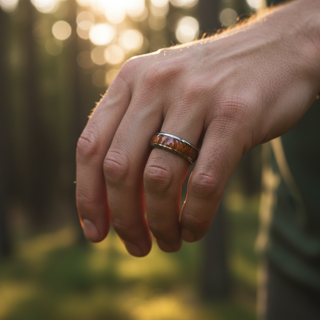 6mm Acacia wood wedding ring by Forge and Lumber, featuring a polished silver band.