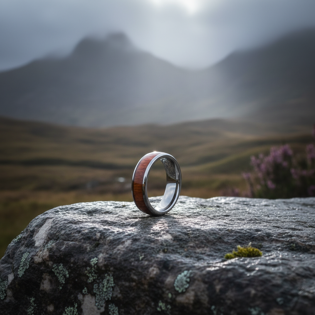 Acacia wood wedding ring by Forge and Lumber, 6mm comfort band, size UK K / US 5, displayed on a stone background.