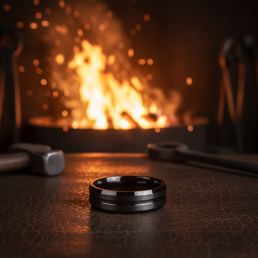 Beveled black 6mm wedding ring by Forge and Lumber on a leather surface with a warm fiery background.