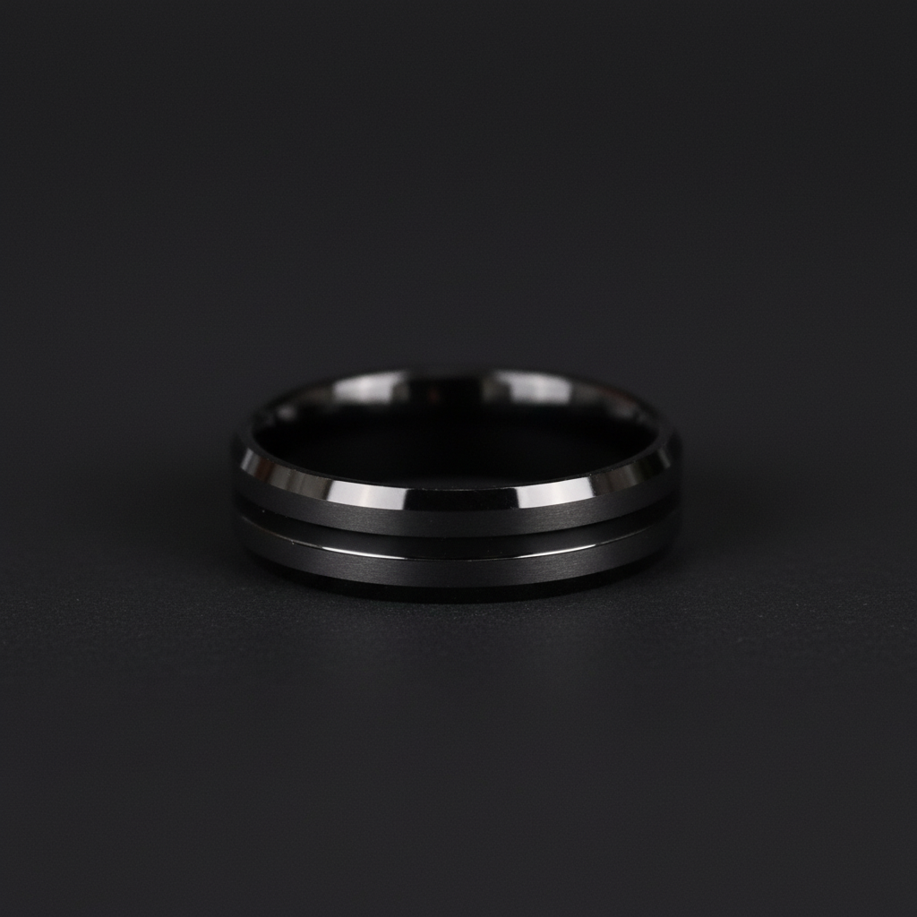 Sleek black ring with two polished silver stripes, showcasing modern design and elegance.
