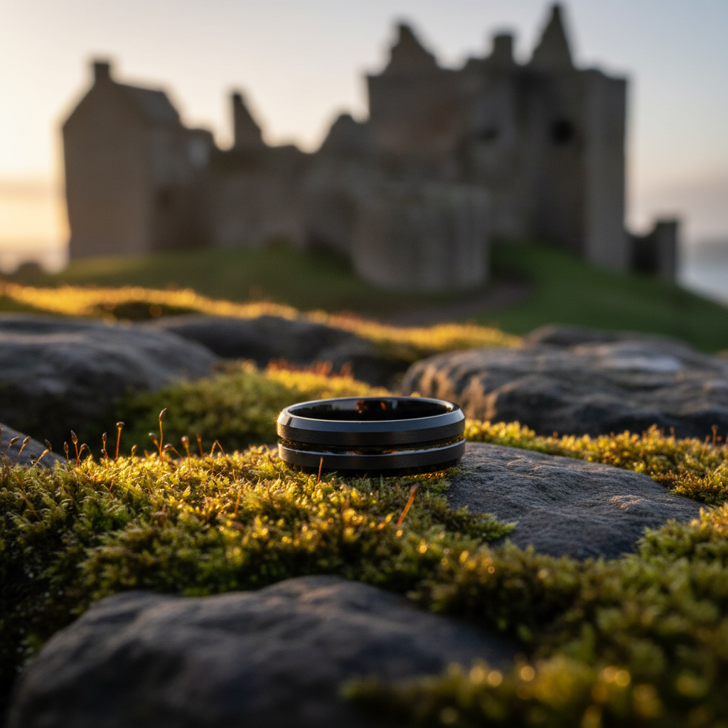 The Amar ring by Forge and Lumber, 6mm beveled band on mossy stone.