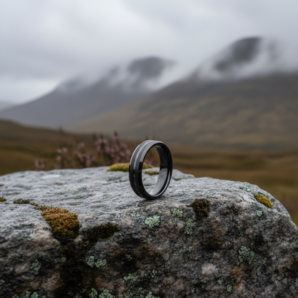 Black beveled 6mm wedding band ring by Forge and Lumber, displayed on a rocky surface in a natural setting.