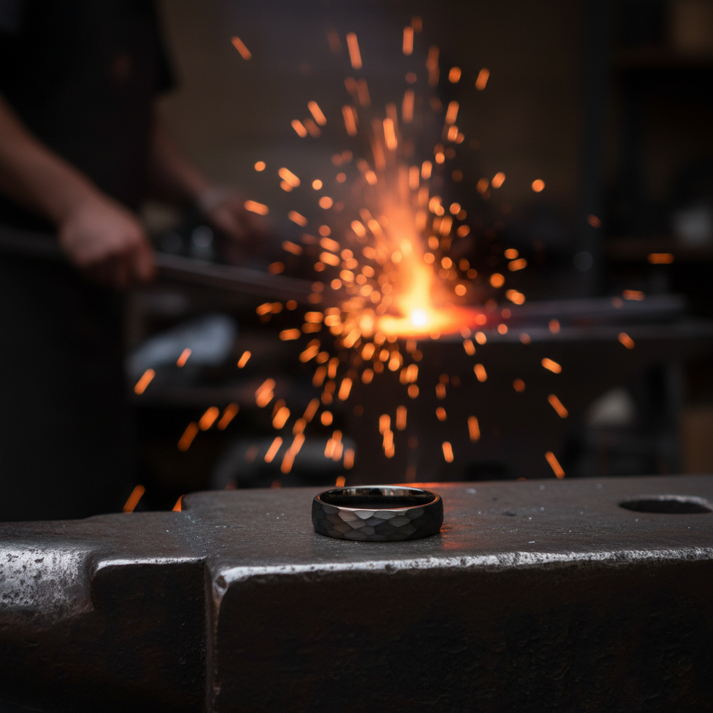 Forge and Lumber's Anvil: Black, 6mm-width, anvil-inspired ring. A professional product shot.