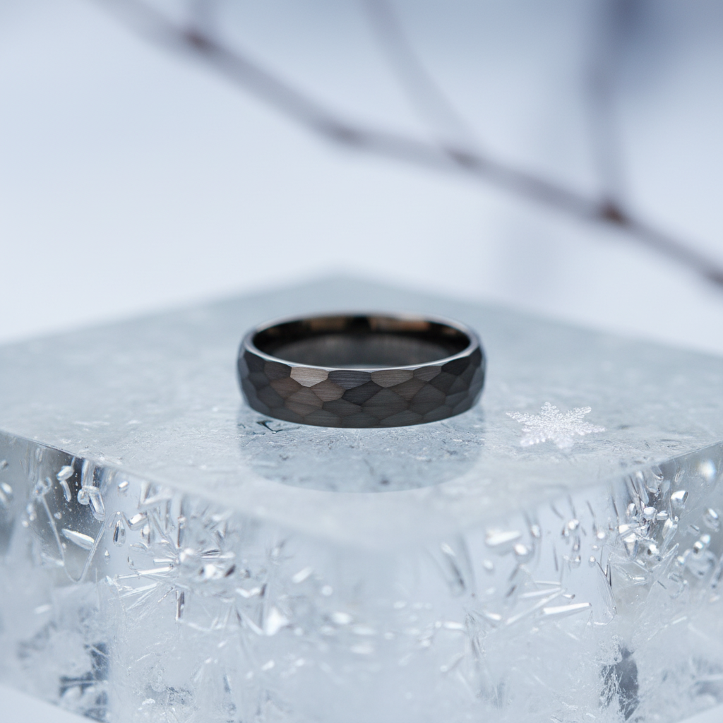 Sleek, dark-hued textured ring sits atop a clear ice block, highlighting its modern design.