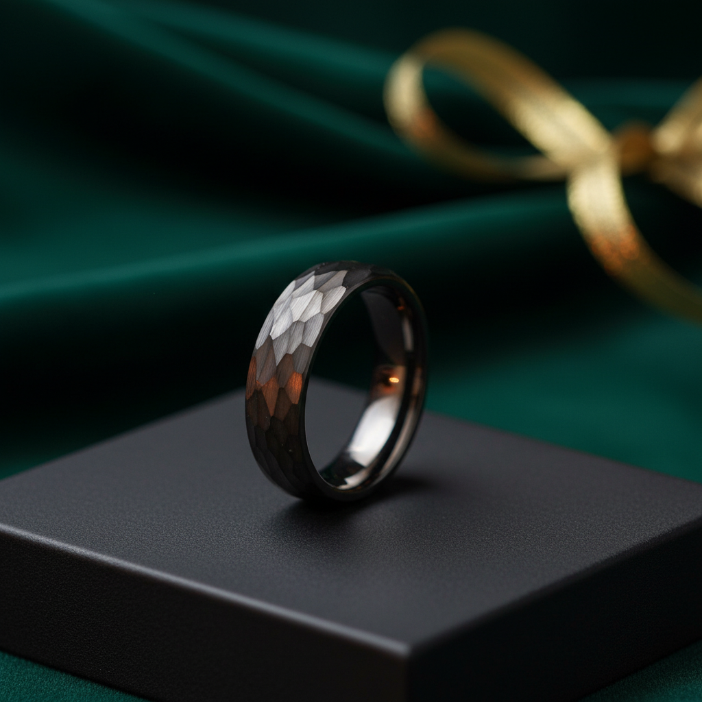 Sleek, faceted black ring displayed on a dark square stand, set against a rich green backdrop with a golden ribbon.