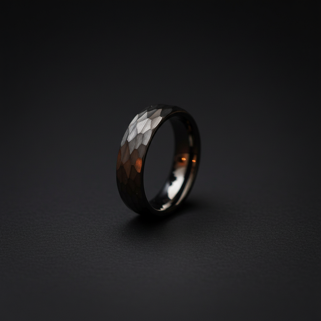 Forge and Lumber Anvil: Black 6mm-width anvil-inspired ring. Anniversary product.