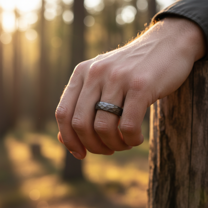 Forge and Lumber's Anvil: Black 6mm-width anvil-inspired product for anniversaries.