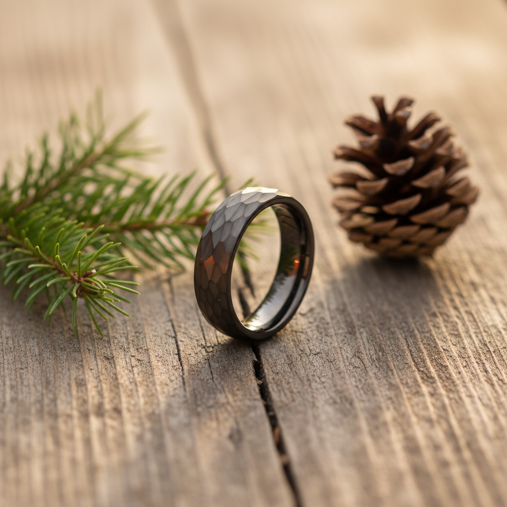 Black hammered ring placed on rustic wood with pine needles and a pine cone, showcasing a natural, elegant style.
