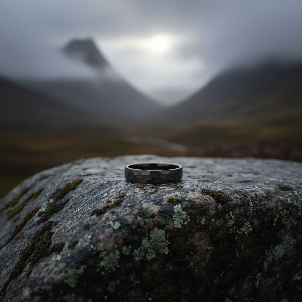 Black anvil-inspired ring by Forge and Lumber, 6mm width, on mossy stone backdrop with misty mountains.