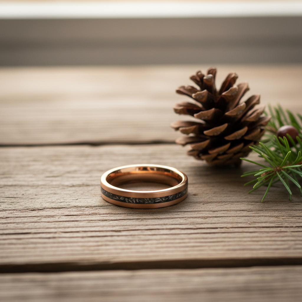 Rose gold 4mm wedding band with a textured black inlay by Forge and Lumber, set on a wooden surface with pinecones.