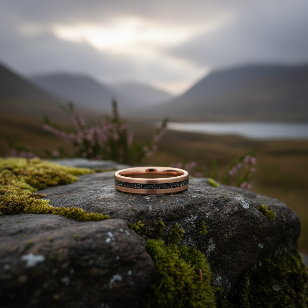 Rose gold and black alternative metal ring from Forge and Lumber's Apollo collection, 4mm width.