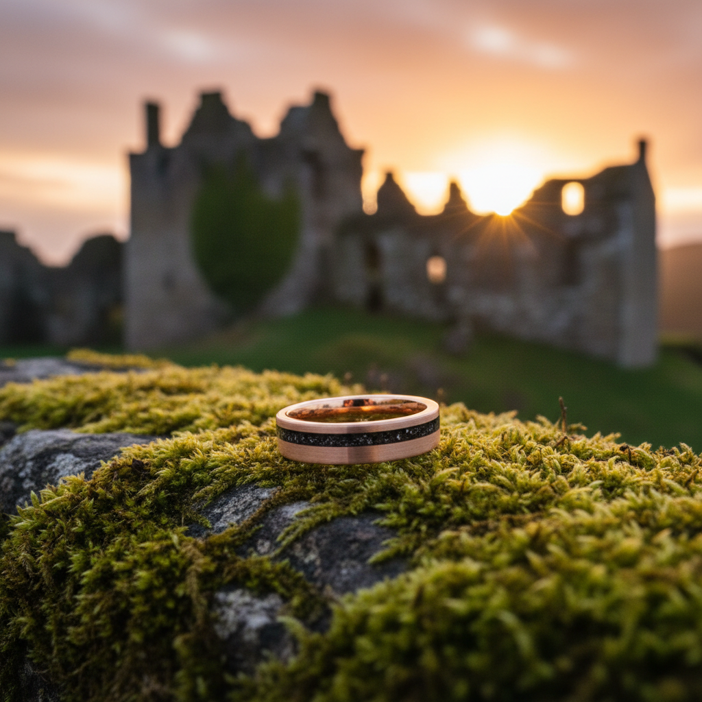 Forge & Lumber Apollo 6mm ring on mossy stone. Scottish castle ruins at sunset.