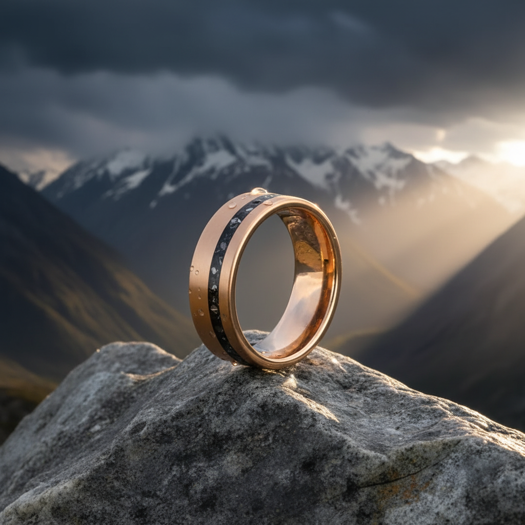 Rose gold 8mm wedding band with a black inlay, by Forge and Lumber, set against a mountainous backdrop.