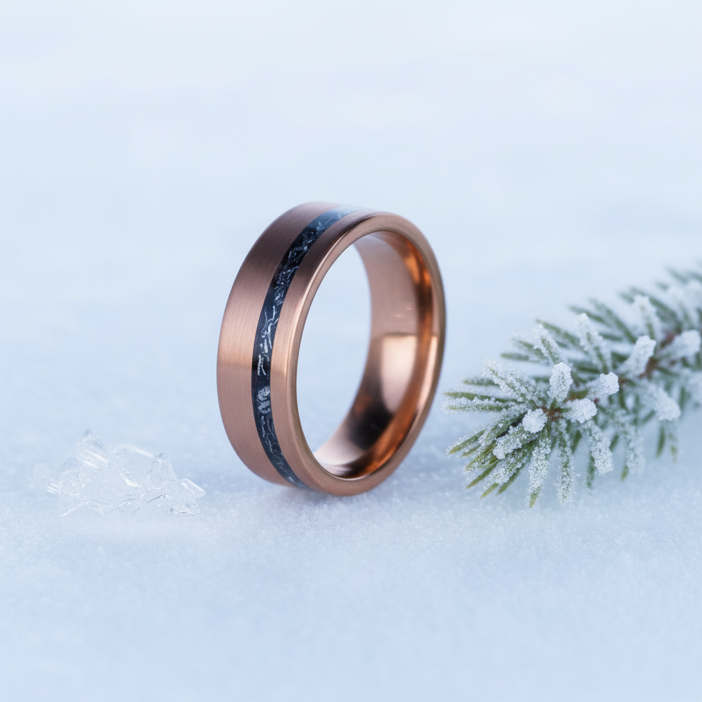 Rose gold 8mm wedding band with a black inlay by Forge and Lumber set on snowy background.