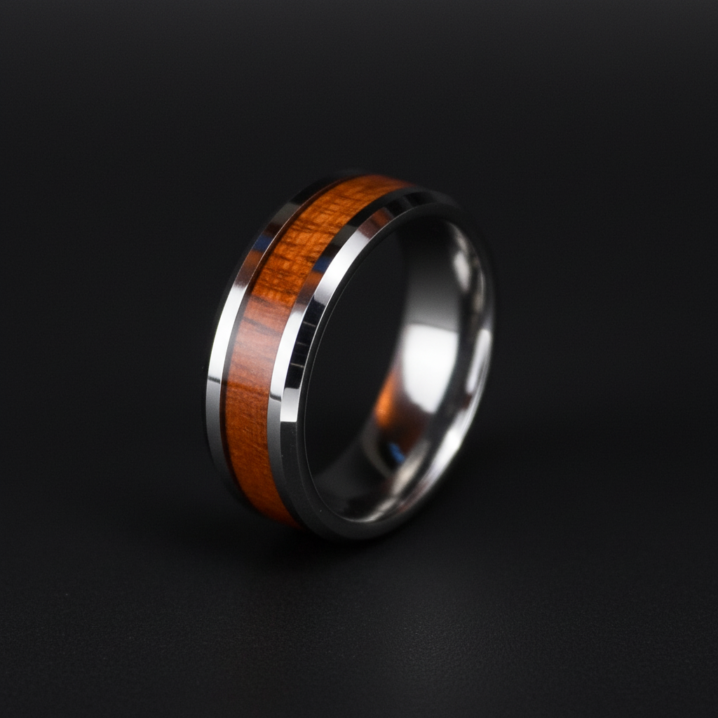 Beveled silver and wood inlay wedding band by Forge and Lumber, size UK M / US 6. Stylish and modern design.