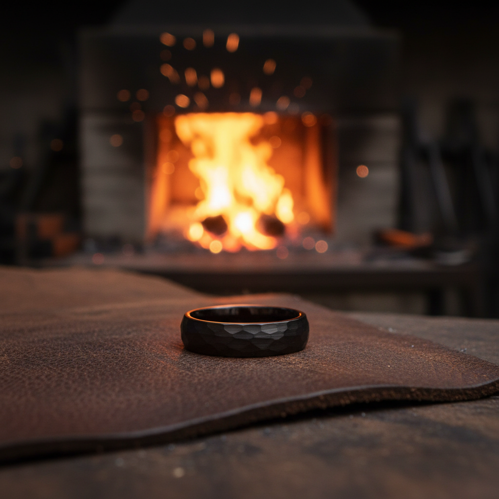 6mm black tungsten ring with a faceted design, The Blacksmith by Forge and Lumber, set against a forge backdrop.