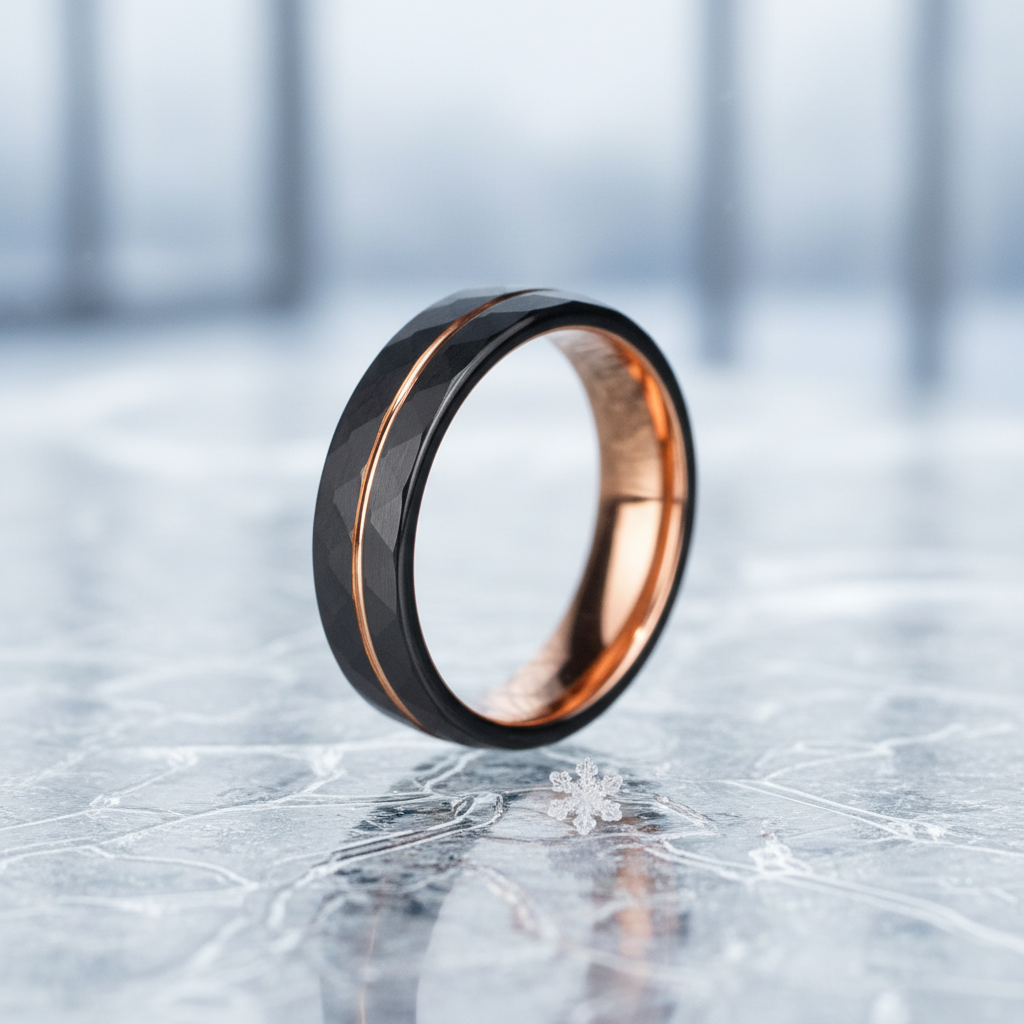 Sleek black ring with a rose gold interior, featuring a subtle gold stripe, set against a frosty background.