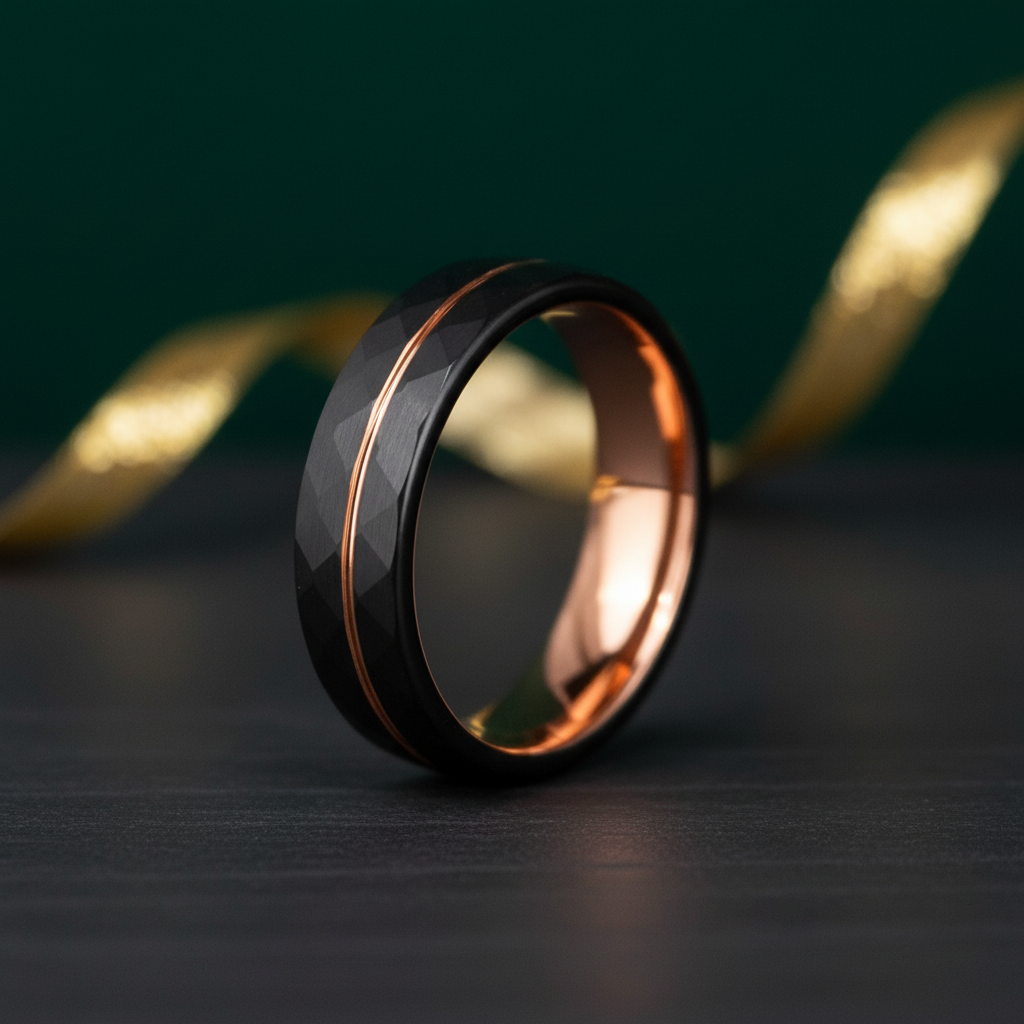 Sleek black faceted ring with a rose gold interior, elegantly displayed with a gold ribbon in the background.