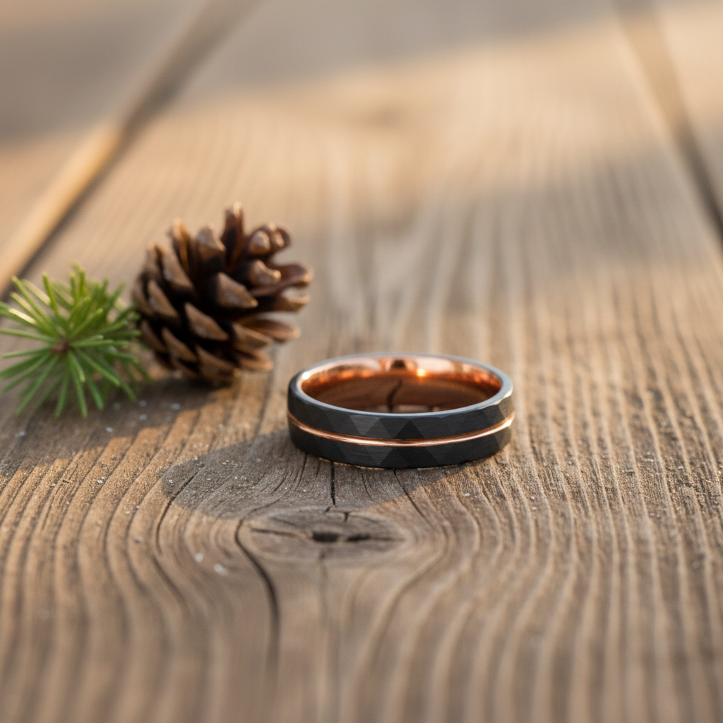 Elegant black and copper ring resting on rustic wooden surface, accompanied by a pinecone and greenery.
