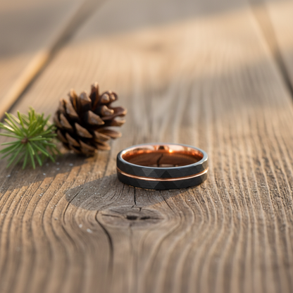 Elegant black and copper ring resting on rustic wooden surface, accompanied by a pinecone and greenery.