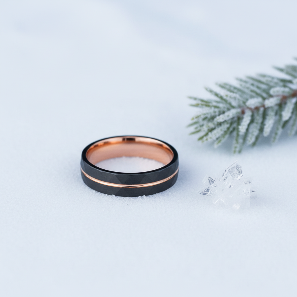 Sleek black and rose gold ring resting on soft white snow, with a pine branch and crystal nearby.