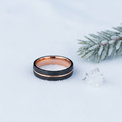 Sleek black and rose gold ring resting on soft white snow, with a pine branch and crystal nearby.