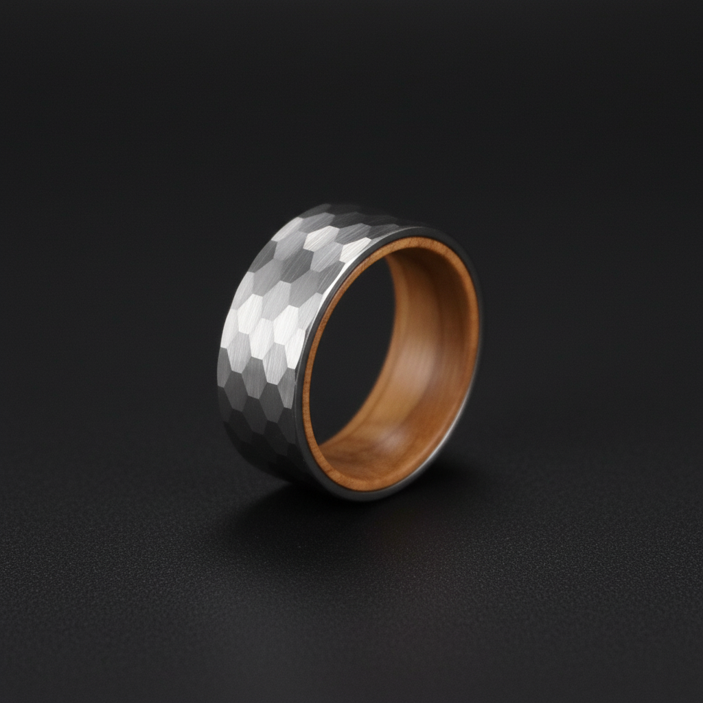 Textured silver barrel ring with wooden interior by Forge and Lumber, size UK M / US 6.