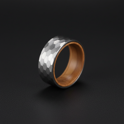 Textured silver barrel ring with wooden interior by Forge and Lumber, size UK M / US 6.