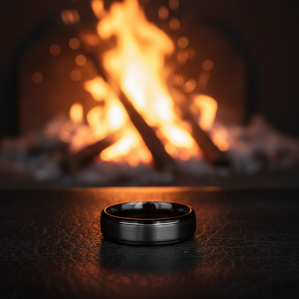 Beveled tungsten wedding band by Forge and Lumber, featuring a sleek, dark finish, set against a warm fire backdrop.