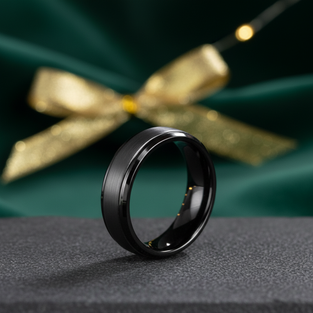 Beveled black tungsten wedding band from Forge and Lumber, showcasing a sleek, modern design.