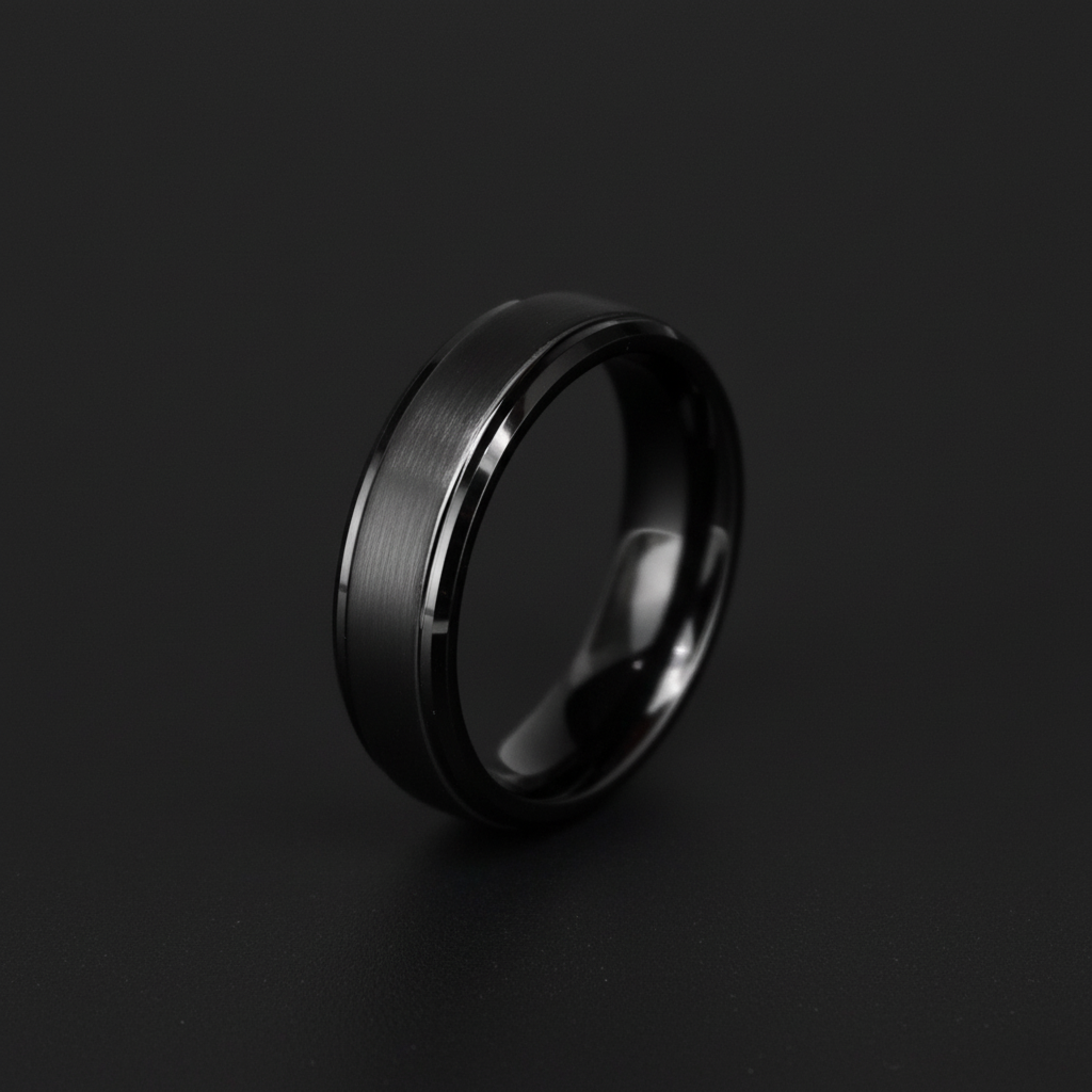 Sleek black wedding band with a brushed finish, showcasing a modern and elegant design.