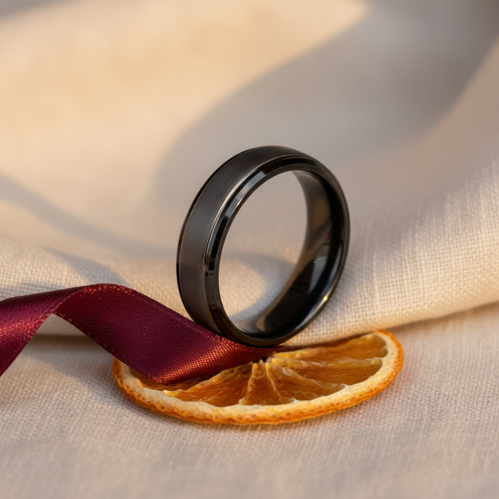 Sleek black ring resting on a dried orange slice, accented by a rich burgundy ribbon on textured fabric.