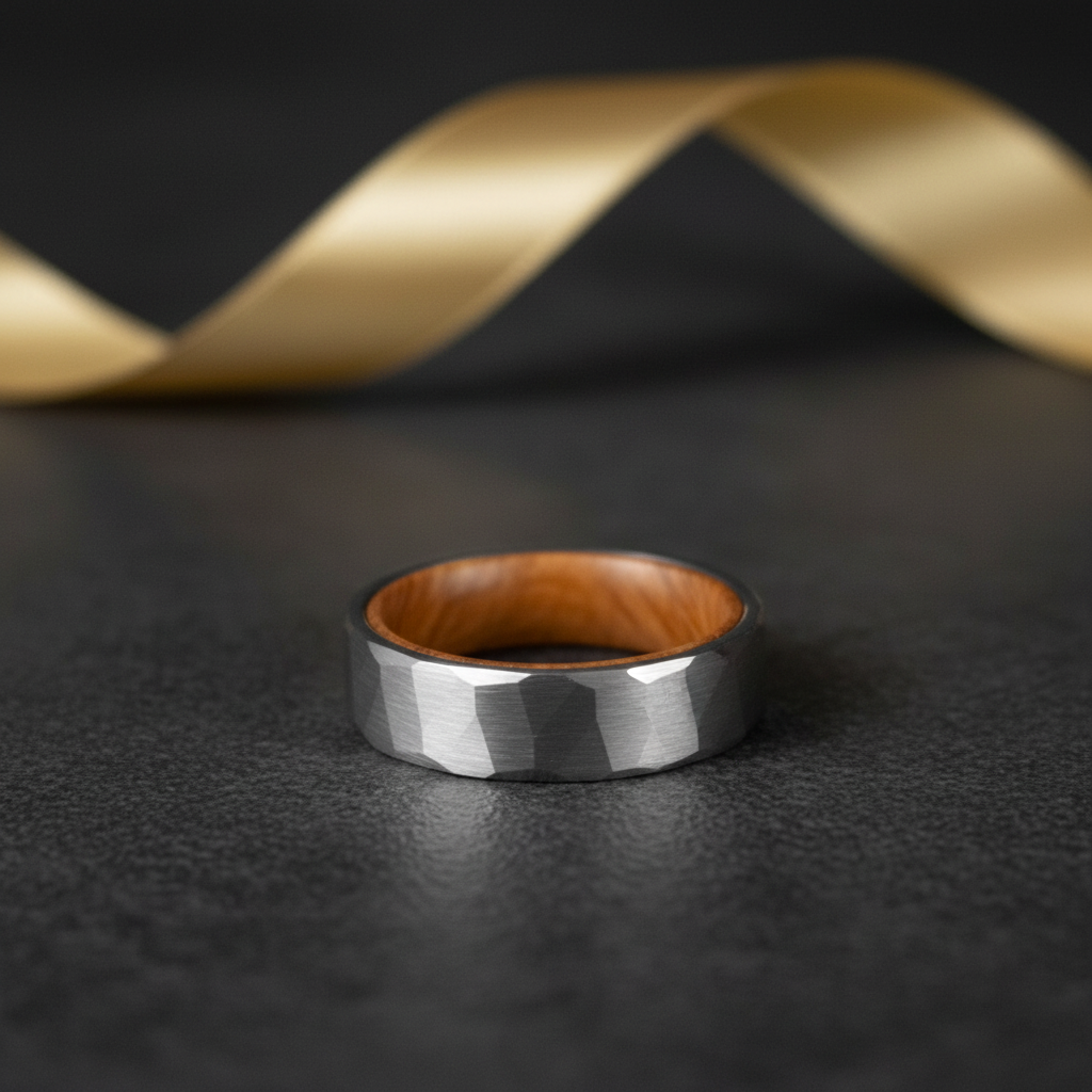Silver and wood comfort-fit ring with a barrel-inspired design by Forge and Lumber, 6mm width.