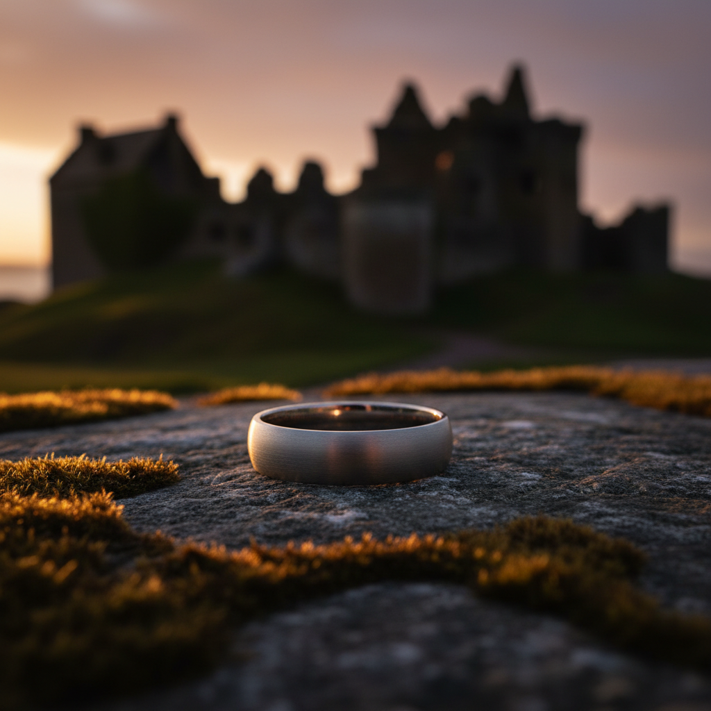The Claymore ring by Forge and Lumber. 6mm titanium ring on mossy stone, castle ruins backdrop.