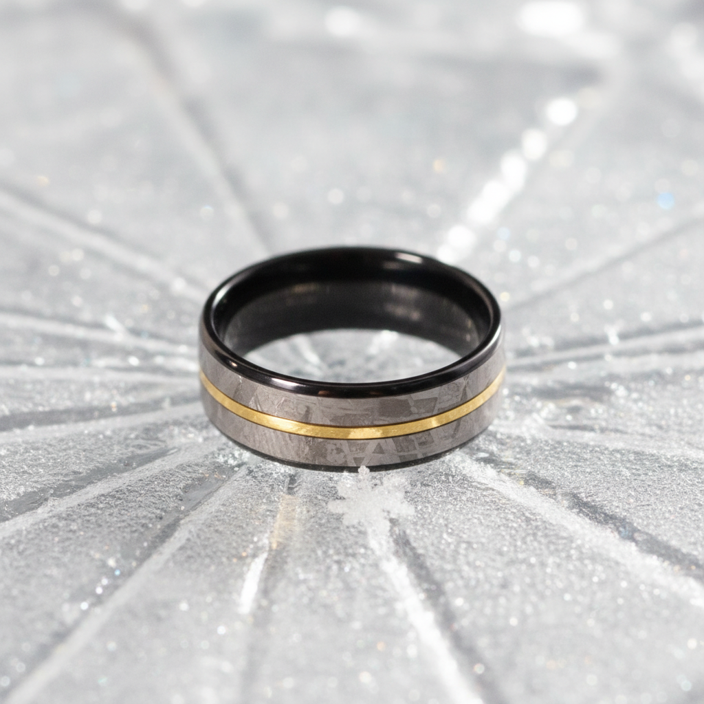 Black Zirconium ring with a gold stripe, styled for alternative weddings by Forge and Lumber.