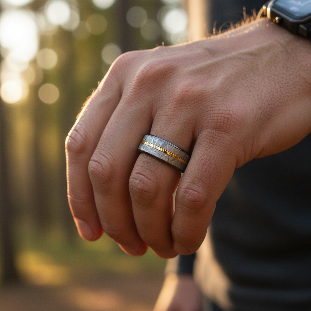 Black Zirconium wedding ring with a sleek design, featuring layered textures, by Forge and Lumber.