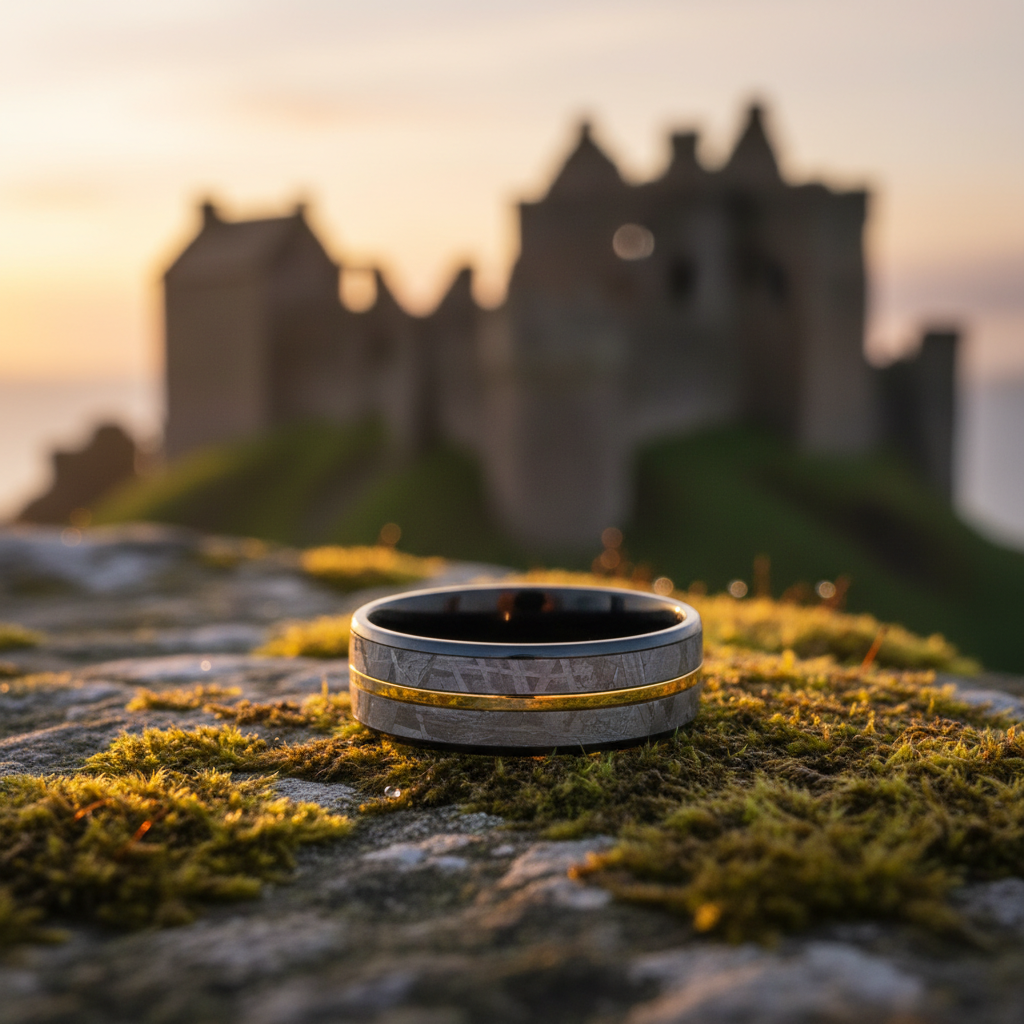 The Crouss ring: Forge & Lumber black zirconium ring. 8mm band on moss, Scottish ruins.